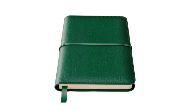 Green leather journal with elastic band and ribbon bookmark, isolated on transparent background