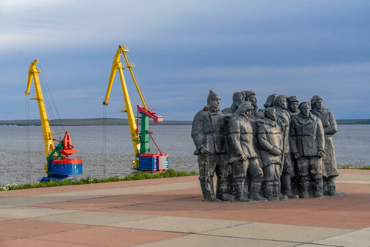 Bering sea panorama with Soviet monument for first Chukchi communist organization in Anadyr, Russia (1980, by Korolev).
