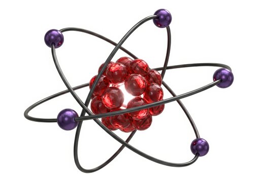 3D Atom Model with Red Nucleus and Purple Electrons Isolated on White Background for Science and Education
