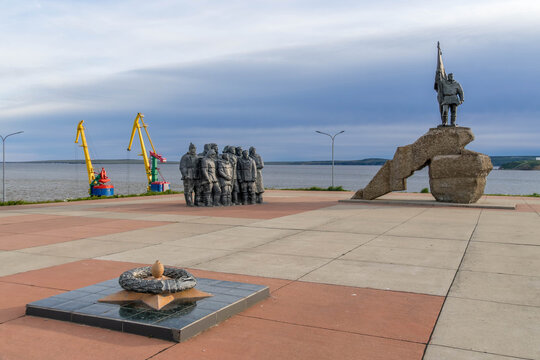 Bering sea panorama with Soviet monument for first Chukchi communist organization in Anadyr, Russia (1980, by Korolev).
