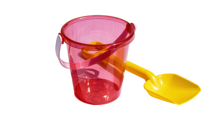 Translucent pink bucket with yellow shovel, isolated on transparent background © Iura