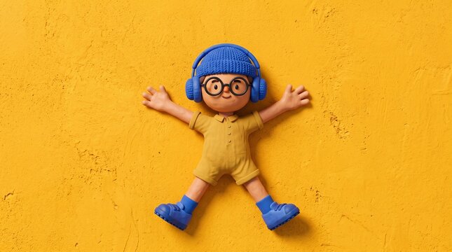3D character lying on yellow wall. Cute boy with headphones relaxing on bright background.