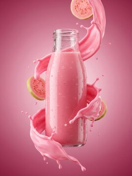 Glass bottle filled with pink guava juice featuring swirling liquid splashes. Tropical fruit slices floating against pink background.