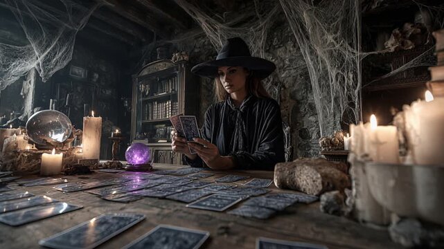 Moonlit witch reading tarot cards at attic table surrounded by candles.