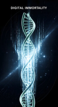 Glowing blue DNA double helix made of digital data and binary code representing futuristic genetic technology