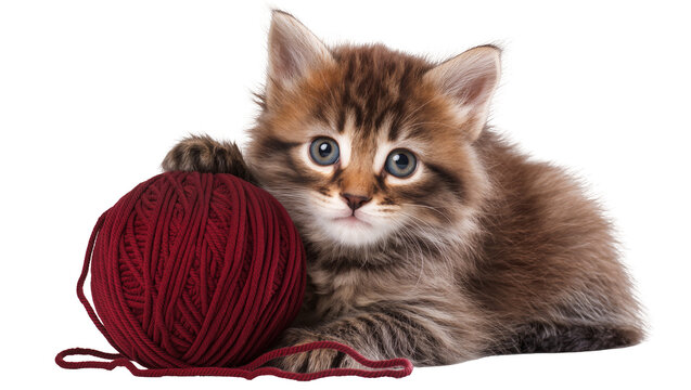 Fluffy tabby kitten with blue eyes playing with a red yarn ball, isolated on transparent background