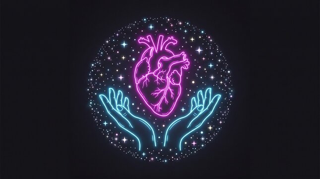 Neon heart held between two hands. Glowing anatomical heart symbol with starry background.
