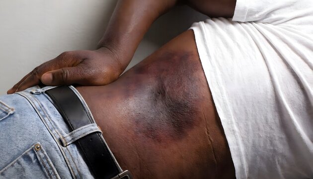 Clinical photography of flank bruise displaying Grey Turner&rsquo;s sign on lateral abdomen. Medical photo for acute pancreatitis and retroperitoneal bleeding diagnosis.