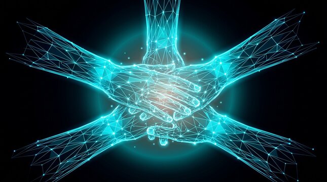 Five digital hands stacked in a huddle. Virtual team collaboration with glowing network nodes.