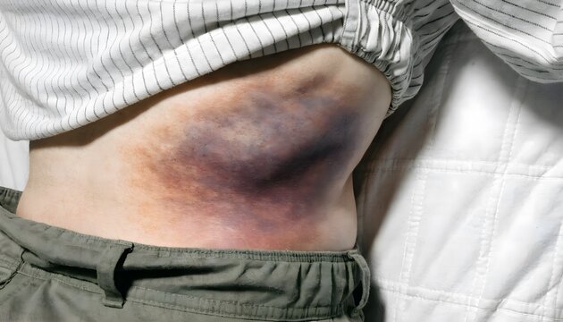 Close-up of abdominal flank ecchymosis and hematoma. Clinical documentation of retroperitoneal hemorrhage and severe internal trauma on lateral torso.