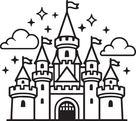 Grand fairytale castle icon with multiple turrets flags and starry sky background art. © Md Bishal