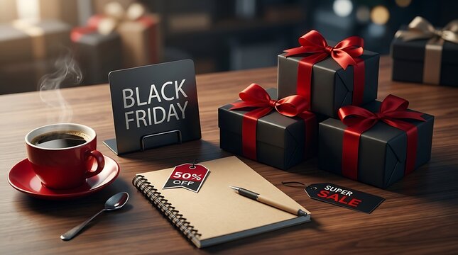 Black friday sale setup with steaming coffee, gift boxes, notebook, and sale tags on a wooden table