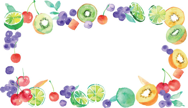 夏のフルーツ 水彩フレーム＆見出しデザインセット｜さくらんぼ・ライム・キウイ・ブルーベリー
Watercolor Summer Fruit Frame Collection with Cherries, Lime, Kiwi and Blueberries
