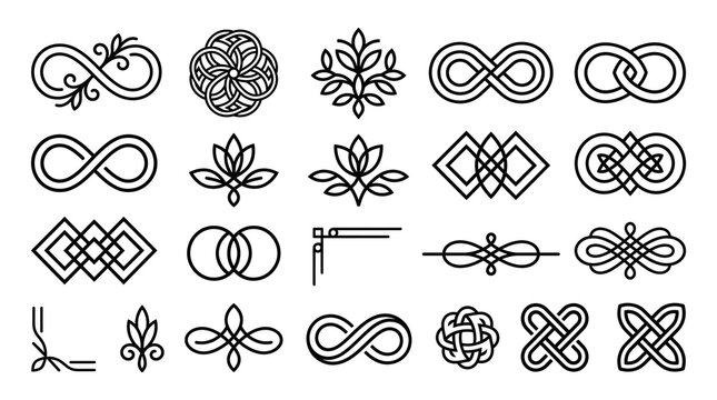 Decorative ornaments inspired by Indonesian cultural patterns featuring minimalist infinity knots and floral batik style motifs for branding