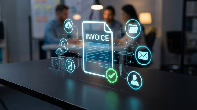 Holographic invoice and digital billing interface floating above a dark minimalist office desk with blurred background