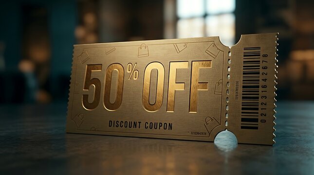 Golden 50% off discount coupon with shopping bag and barcode, presented on a textured surface fifty