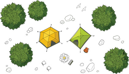 Campsite Top View Map Plan Vector Illustration Featuring Camping Tents Campfire Trees and Rocks for Outdoor Adventure Travel and Landscape Design Elements © rihan