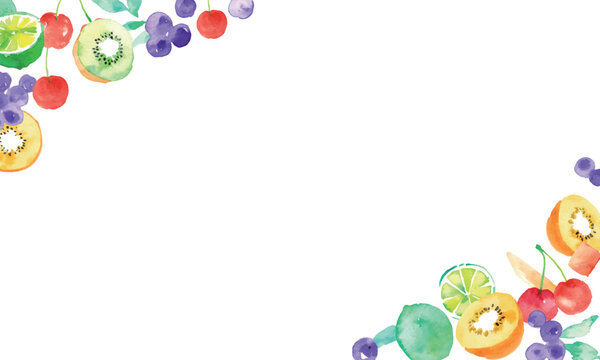 夏のフルーツ 水彩フレーム＆見出しデザインセット｜さくらんぼ・ライム・キウイ・ブルーベリー
Watercolor Summer Fruit Frame Collection with Cherries, Lime, Kiwi and Blueberries

