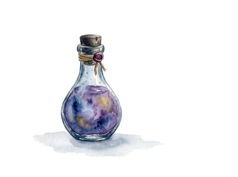 Elegant glass potion bottle filled with swirling magical purple liquid and shimmering gold dust particles painted in a detailed watercolor artistic style isolated as a single object on transparent bac