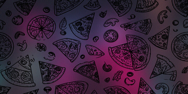 Seamless pattern with various pizza slices and ingredients on dark purple gradient background.
