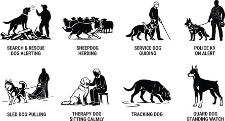 Fototapeta premium Collection of professional working dog silhouettes showing diverse roles, training, and specialized canine tasks