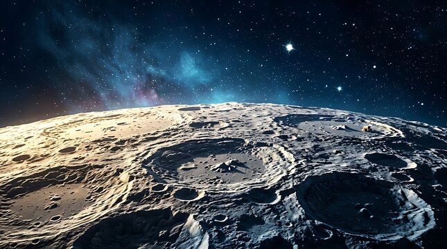 Vast, cratered lunar surface under a star-filled, nebulae-streaked night sky, illuminated by distant celestial light