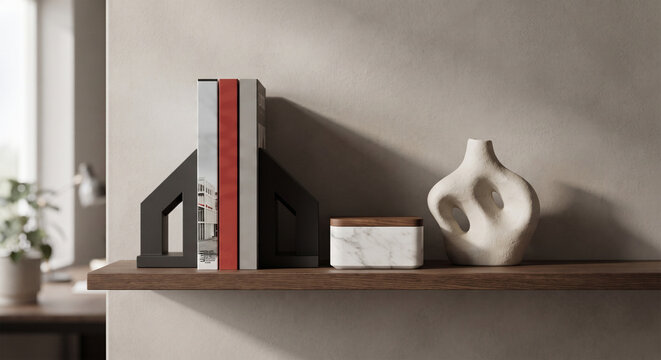 A trio of objects on a desk shelf: a minimalist, matte-black geometric bookend holding three architectural journals, a small white marble box with a wooden lid
