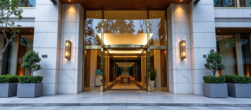 Modern commercial building entrance with glass doors, symmetrical design and potted plants on both sides.
