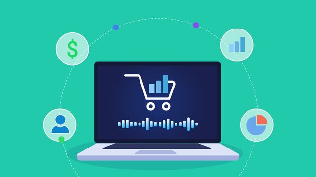 Animated flat vector motion graphic featuring an AI ecommerce analytics dashboard on a laptop with shopping cart, sales, user, revenue, and chart icons. Ideal for online business and artificial intell