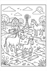 Fototapeta premium Illustration of a farm scene with horses, dogs, trees, and a barn in a peaceful rural setting