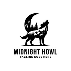 Fototapeta premium Minimalist wolf silhouette logo featuring mountain and pine tree scenery. Ideal for outdoor and wilderness branding.
