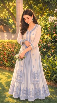 Full length portrait of young woman in white floral embroidered dress standing in garden with embroidery portrait clothing graceful glamorous daylight aesthetic gorgeous feminine beautiful