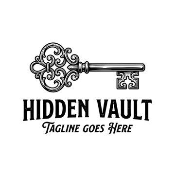 Ornate black key emblem. Ideal for security firms, historical branding, or escape room logos.