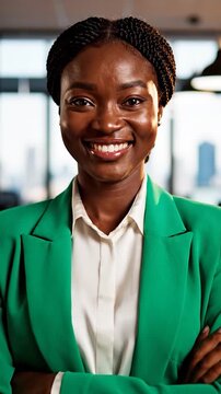 A confident black businesswoman smiles in a modern office