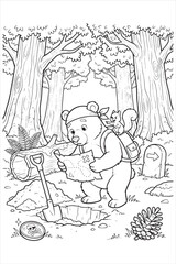 Cute Bear Cub Fishing in Forest Stream with Trees and Rocks, Whimsical Nature Scene © Rashedul Haque Sakib