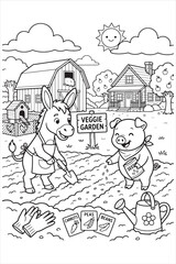 Naklejka premium Coloring Book Cover Illustration of Cute Animals in a Veggie Garden Scene for Children