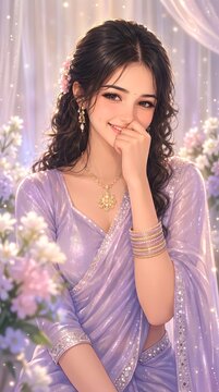 Young woman wearing a purple embellished saree and jewelry posing among flowers with portrait traditional clothing lighting graceful charming aesthetic necklace celebration feminine features