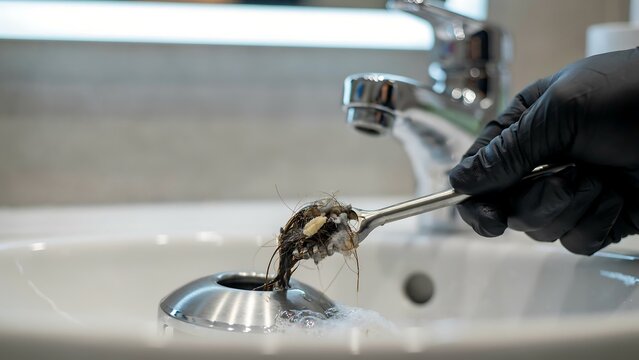 Person using a metal tool to clean a dirty kitchen sink drain