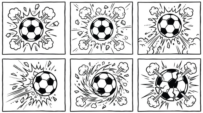 Six comic book panels showing a soccer ball exploding with dynamic energy and intense action