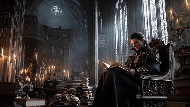 Cloaked aristocrat reading ancient tome beside candlelit throne gothic library
