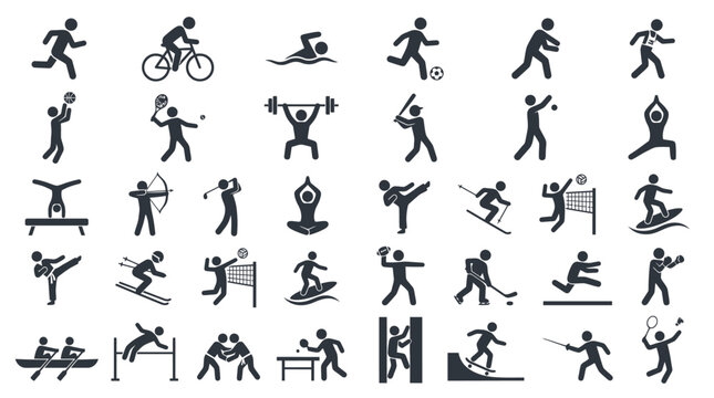Collection of diverse black silhouette sport icons showing various athletic activities on a white background