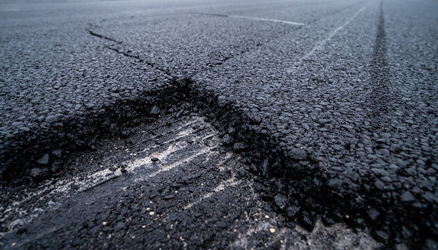 Close-up view of dark asphalt road surface with visible tire marks and scuffs from vehicle movement.