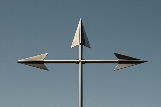 Metal arrow pointers mounted on vertical pole against blue sky background. Three sharp steel signs indicate different directions for navigation. Geometric shapes show precise path forward turning
