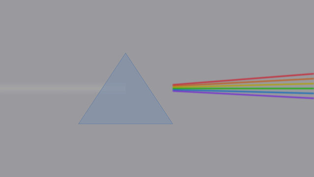 Prism refracting white light into colorful rainbow spectrum on grey wall