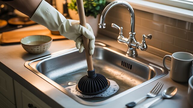 Person using a sink plunger to fix a clogged kitchen drain