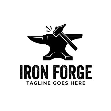 Rugged anvil and hammer emblem for metalwork and industrial brands.