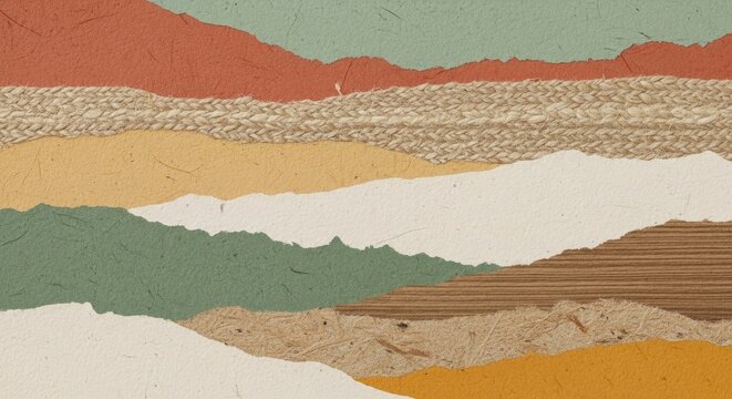 A collage of various textures and colors, including torn paper, fabric, and wood, arranged in a layered, abstract pattern. The background is a mix of earthy .