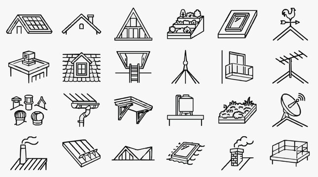 Clean Minimalist Black and White Line Icons Set of Various Roofs Buildings and Structures for Architecture or Real Estate