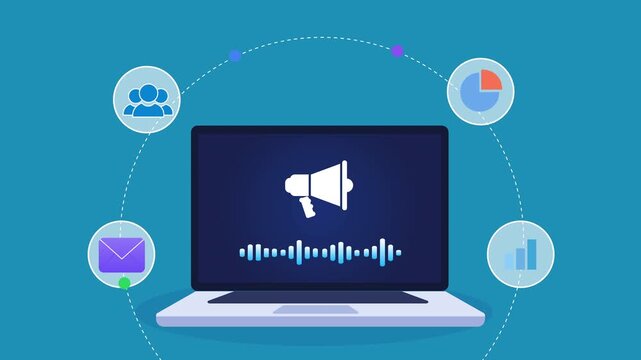 Animated flat vector motion graphic featuring an AI marketing campaign dashboard on a laptop with megaphone, email, audience, analytics, and report icons. Ideal for digital marketing and artificial in