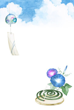 暑中見舞いハガキ　風鈴 朝顔 蚊取り線香　水彩 イラスト